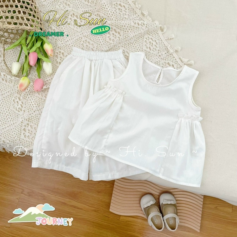Set bộ thô trắng hisun áo xếp ly cho bé gái size từ 9-28 cân