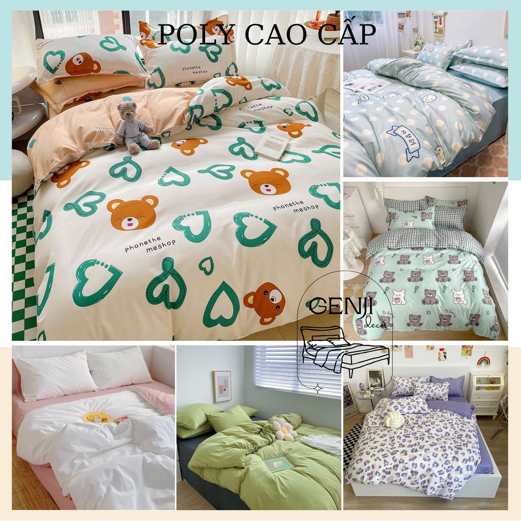 Bộ chăn ga gối cotton poly Genji Decor 01, bộ chăn ga gối 4 món đầy đủ kích thước mẫu mã
