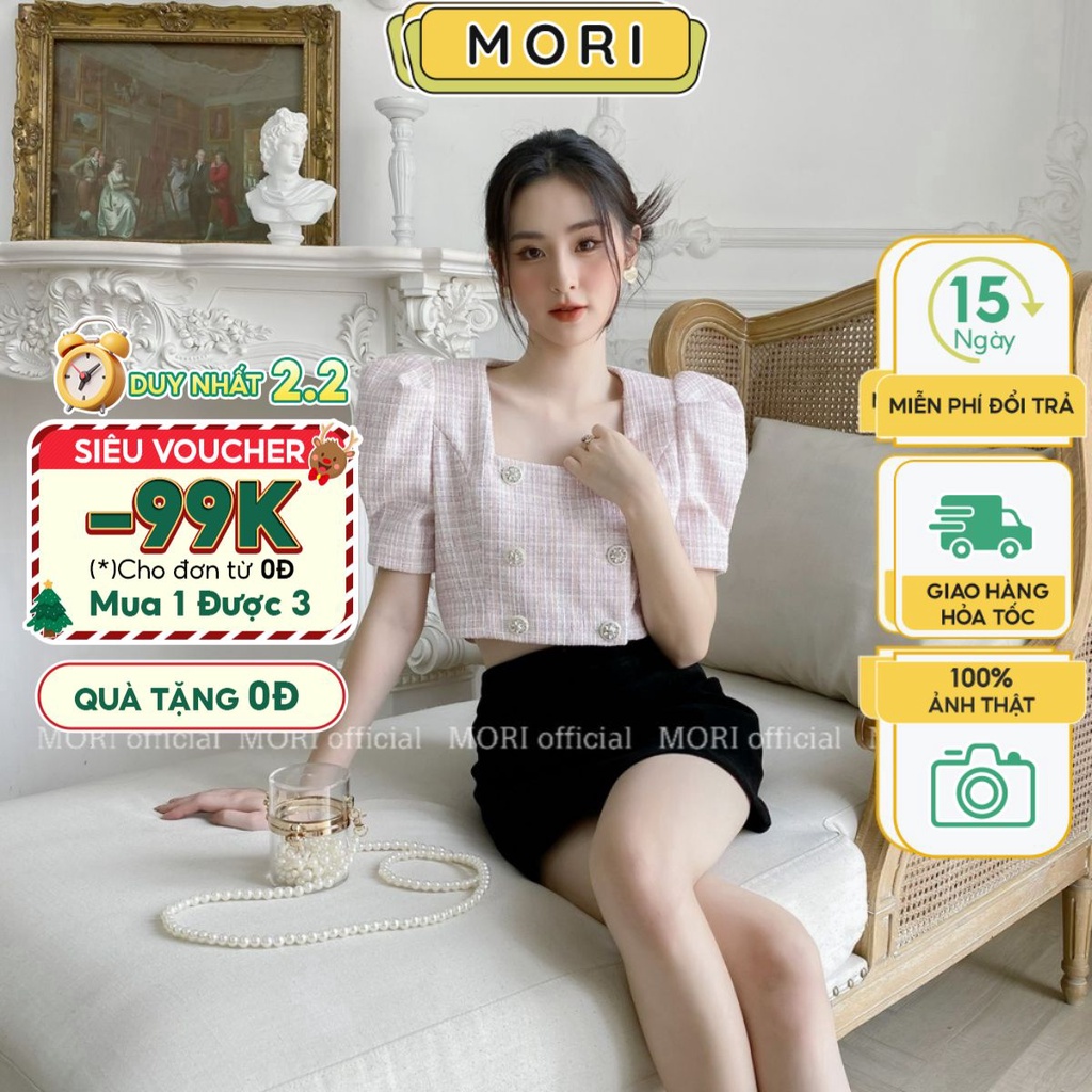 Áo dạ tweed nữ croptop tay ngắn tiểu thư Hàn Quốc mềm mịn 2 lớp cúc ngọc sang trọng thời trang MORI CLOTHING A766