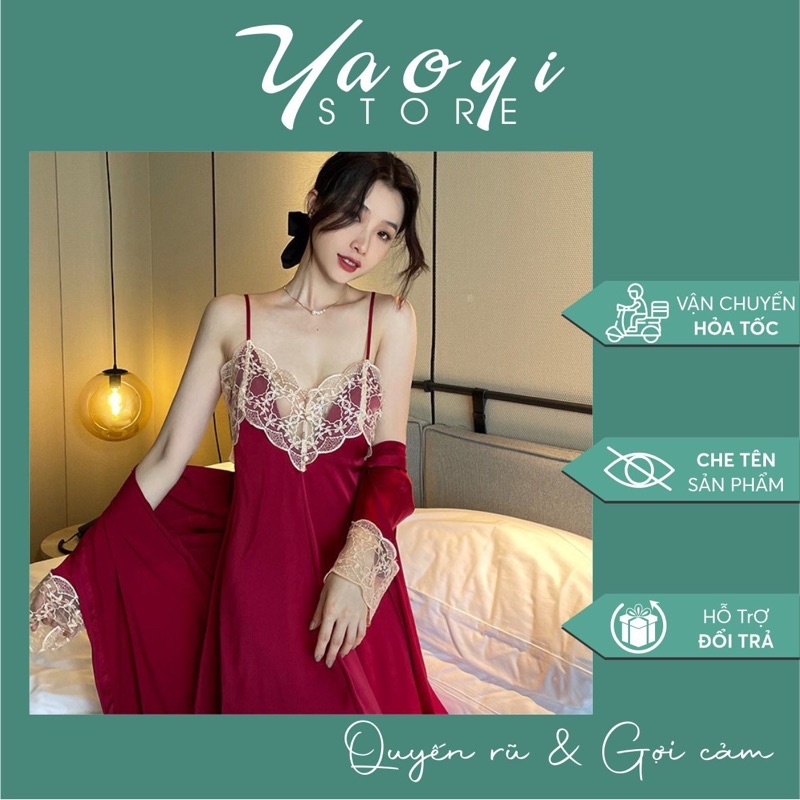 Set Váy Ngủ 2 Dây Kèm Choàng Phối Ren Sexy Quyến Rũ Cao Cấp M099