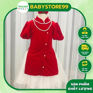 Váy cách tân đỏ nhung tay rủ bờm Ngọc đính nơ 6-30kg mặc diện đón tết cho bé