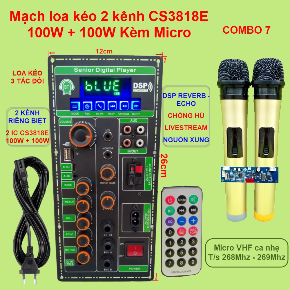 Mạch loa kéo 2 kênh Livestream DSP Reverb – Echo Chống hú 2 IC CS3818E 100W + 100W – Loa kéo 3 tấc đôi kèm Micro