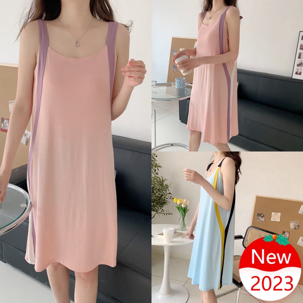 Đầm Ngủ Sát Nách Cổ Tròn Vải cotton Co Giãn Thoải Mái Thời Trang Mùa Hè 2023