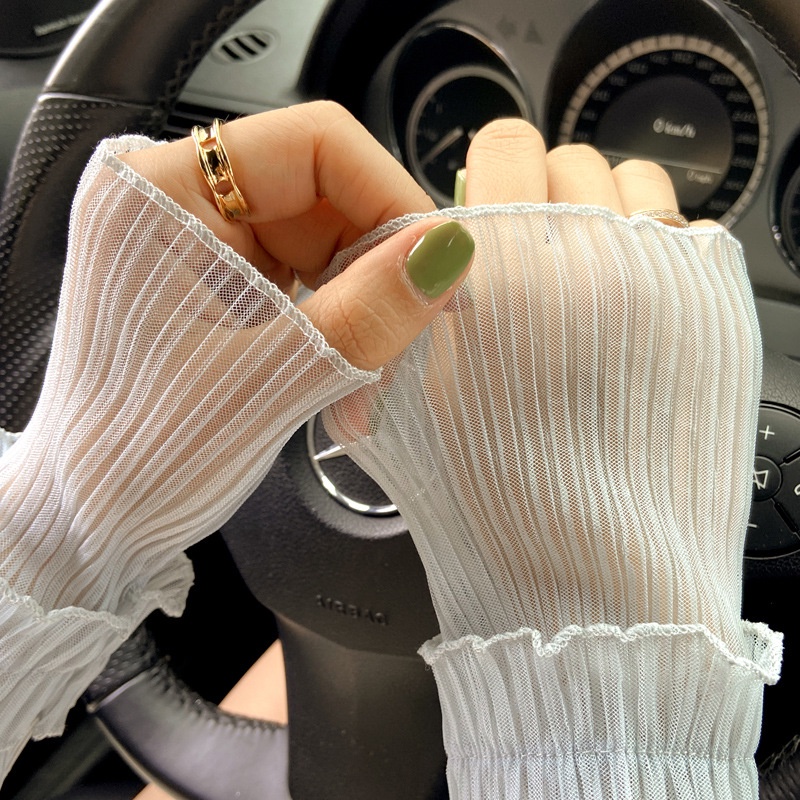 Găng Tay Chống Nắng Bằng Lụa Lạnh Phối Ren Mềm Mại Co Giãn Tốt Chống Bụi Chống Tia Uv Thời Trang Cho Nữ