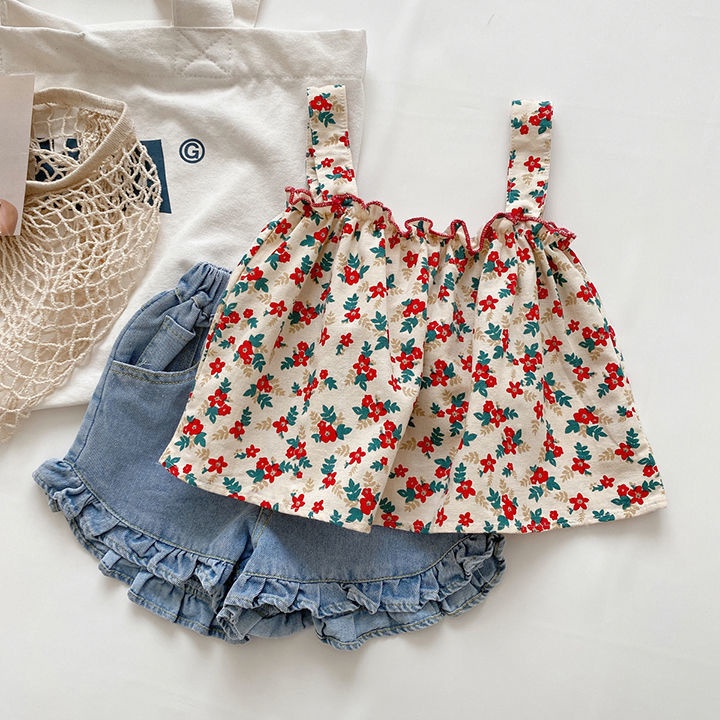 Set Áo Hoa Hai Dây + Quần Short Denim Dễ Thương Thời Trang Mùa Hè Cho Bé Gái 0-6 Tuổi