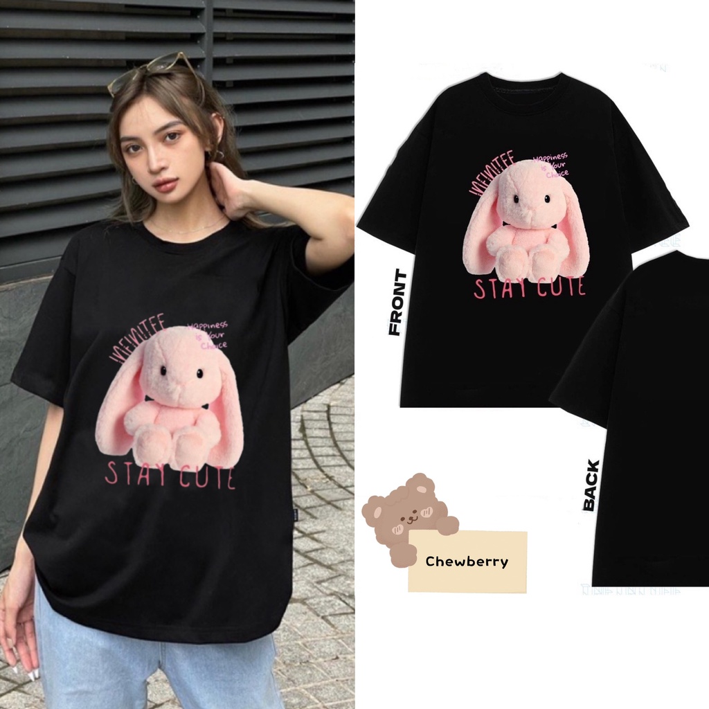 Áo Thun Tay Lỡ Thỏ Hồng STAY CUTE Đen Trắng Unisex