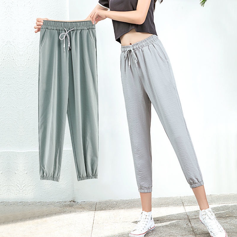 Quần Thể Thao Harem Dài Đến Mắt Cá 8 Tấc Bằng Lụa Cotton Giả Lụa Lạnh Mỏng Dáng Rộng Tới Mắt Cá Chân Phong Cách Thể Thao Cho Nữ