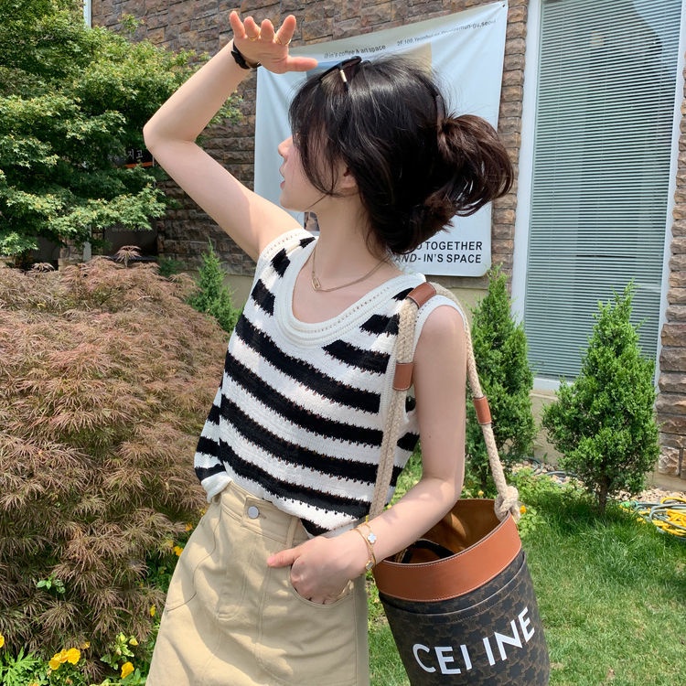 Áo Tanktop Dệt Kim Dáng Rộng Kẻ Sọc Cá Tính Thời Trang Hàn Quốc Cho Nữ