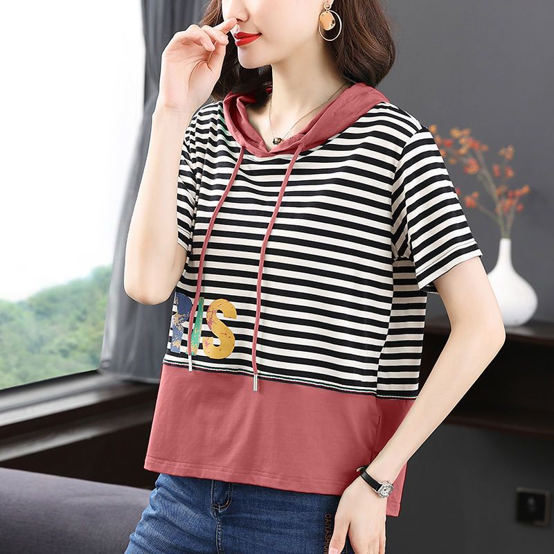 Áo Thun Cotton Tay Ngắn Dáng Rộng Có Nón Họa Tiết Kẻ Sọc Thời Trang Mùa Hè Mới Cho Nữ