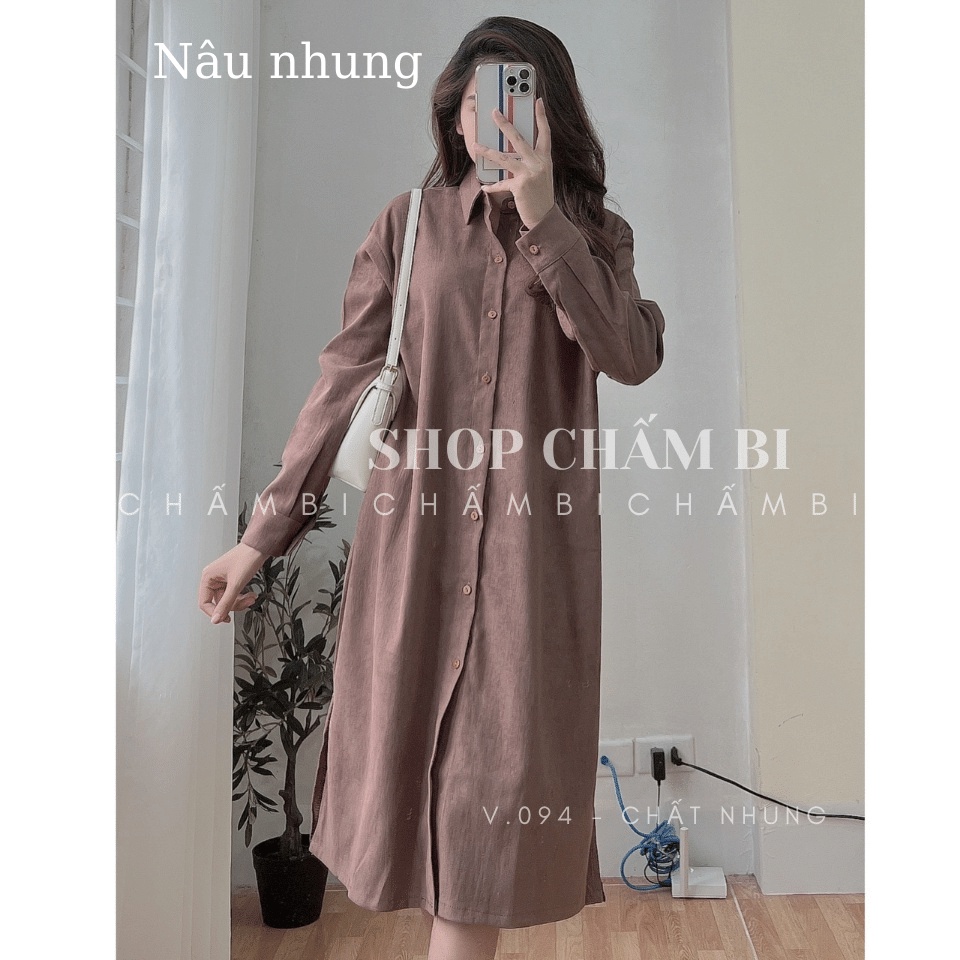 Váy nữ xinh V.094, Váy sơ mi kaki cổ đức dáng dài xẻ tà 4 màu năng động - Thời trang nữ Chấm Bi