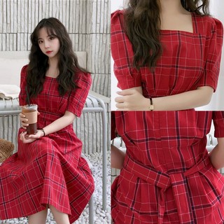 ( HÀNG ORDER ) Váy kẻ caro cổ vuông tay bồng thắt eo Ulzzang