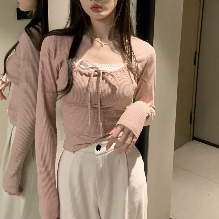 Áo Croptop Tay Dài Cổ Vuông Màu Sắc Ngọt Ngào Thời Trang Mùa Thu Quyến Rũ Cho Nữ