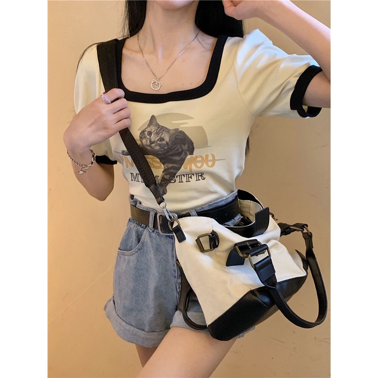 Áo Thun Ngắn Tay Cổ Vuông Màu Sắc Tương Phản Phong Cách vintage Cho Nữ