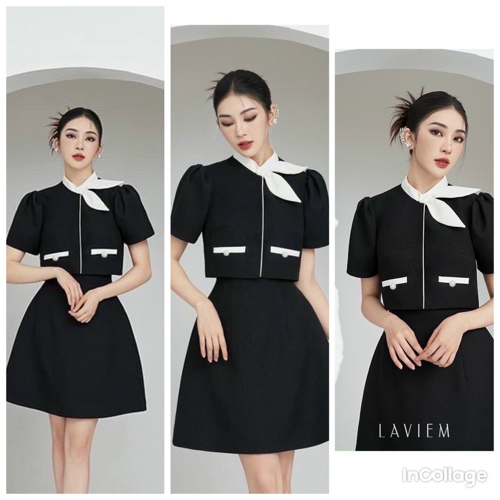 Set áo nơ chân váy đen tiểu thư Tk áo croptop cùng chân váy cạp cao mang đến tỉ lệ thân hình cân đối, tôn lên vòng eo nh