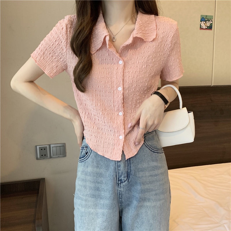 IELGY  Áo Kiểu Xếp Ly Dáng Ngắn Phong Cách retro Thời Trang Cho Nữ