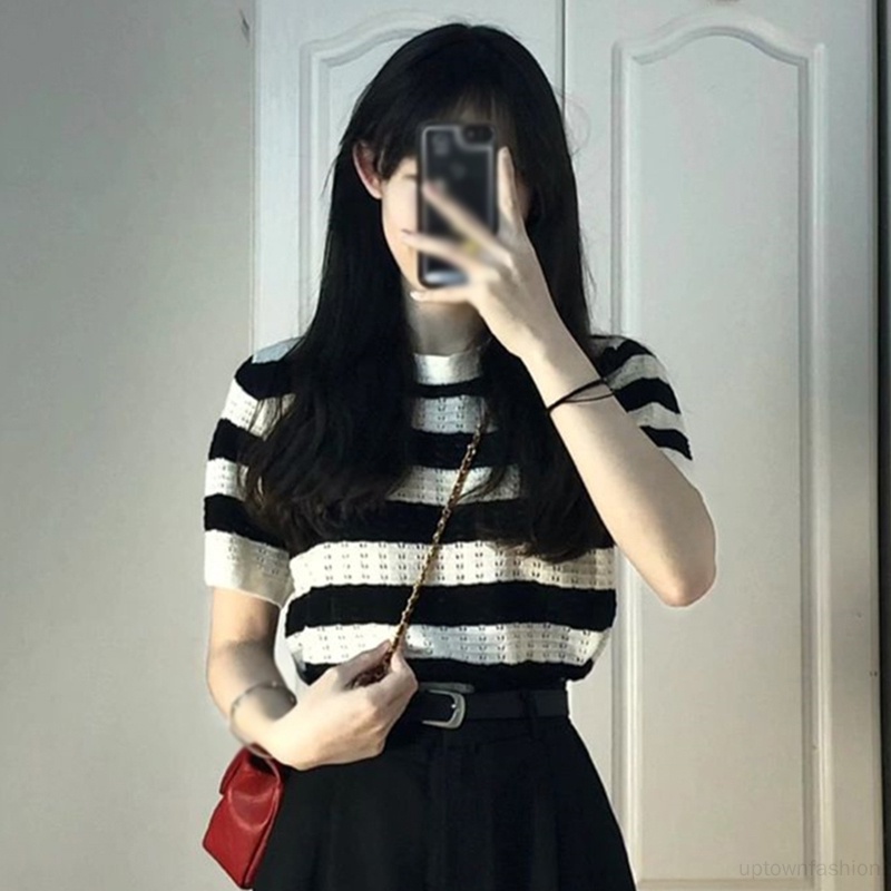 Áo Thun Dệt Kim Ngắn Tay Cổ Tròn Thời Trang Cho Nữ