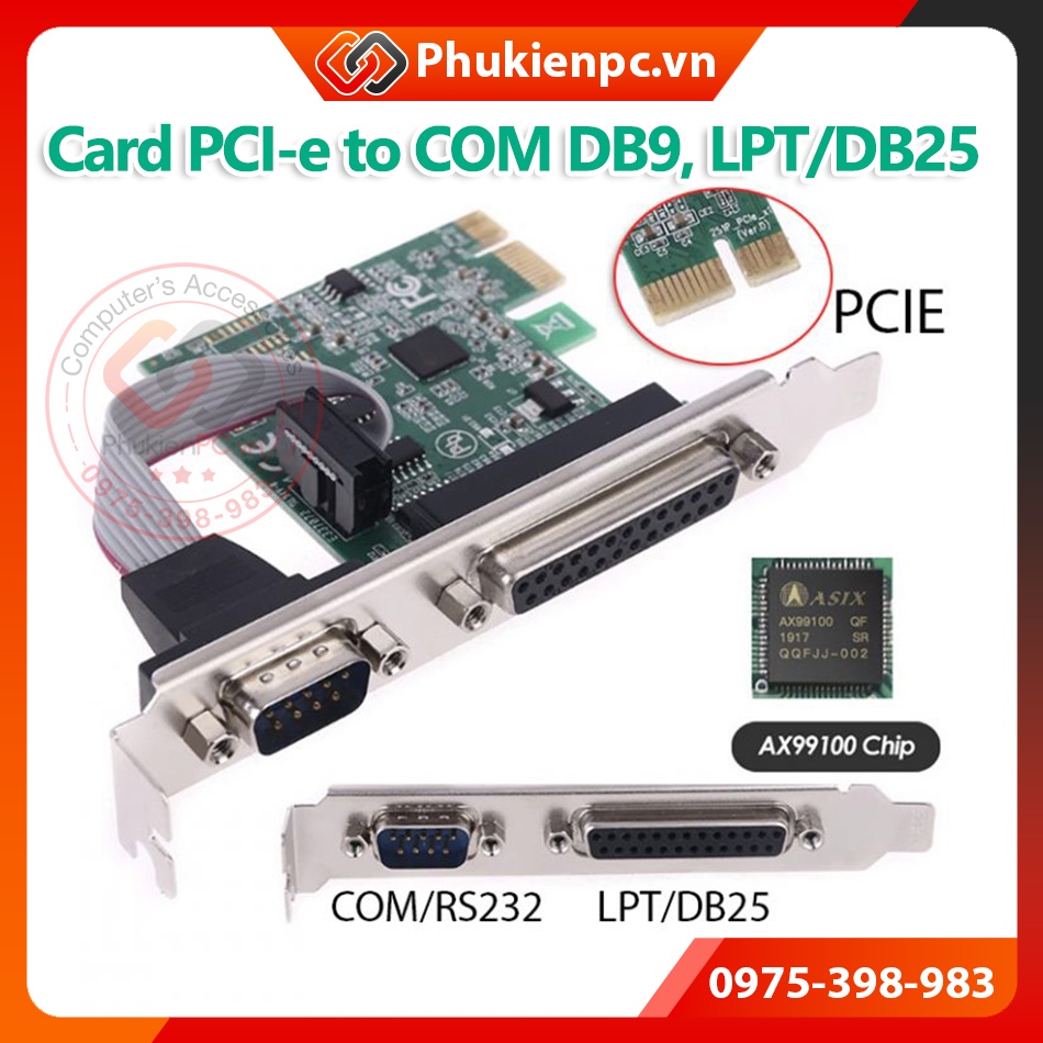 Card PCI-E 1X to LPT DB25 và RS232 kết nối máy tính PC, máy tính đồng bộ công nghiệp ra máy in, máy CNC cáp COM DB9 DB25