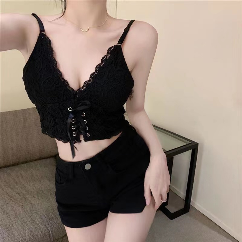 ZHELIHANGFEI Áo Dệt Kim Hai Dây Sát Nách Hở Rốn Phối Ren Gợi Cảm Cho Nữ