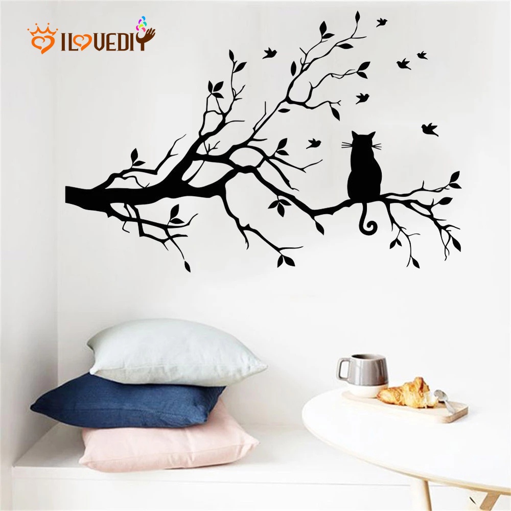 Sticker Dán Tường Họa Tiết Mèo Trên Cành Cây Nghệ Thuật Dùng Trang Trí Phòng Khách / Phòng Ngủ