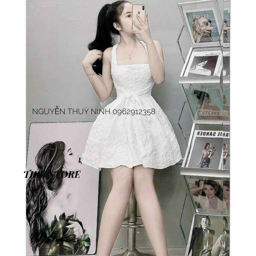 Đầm váy xòe ngắn chất gấm vân hoa thiết kế quấn cổ tôn vai dễ thương , sexy