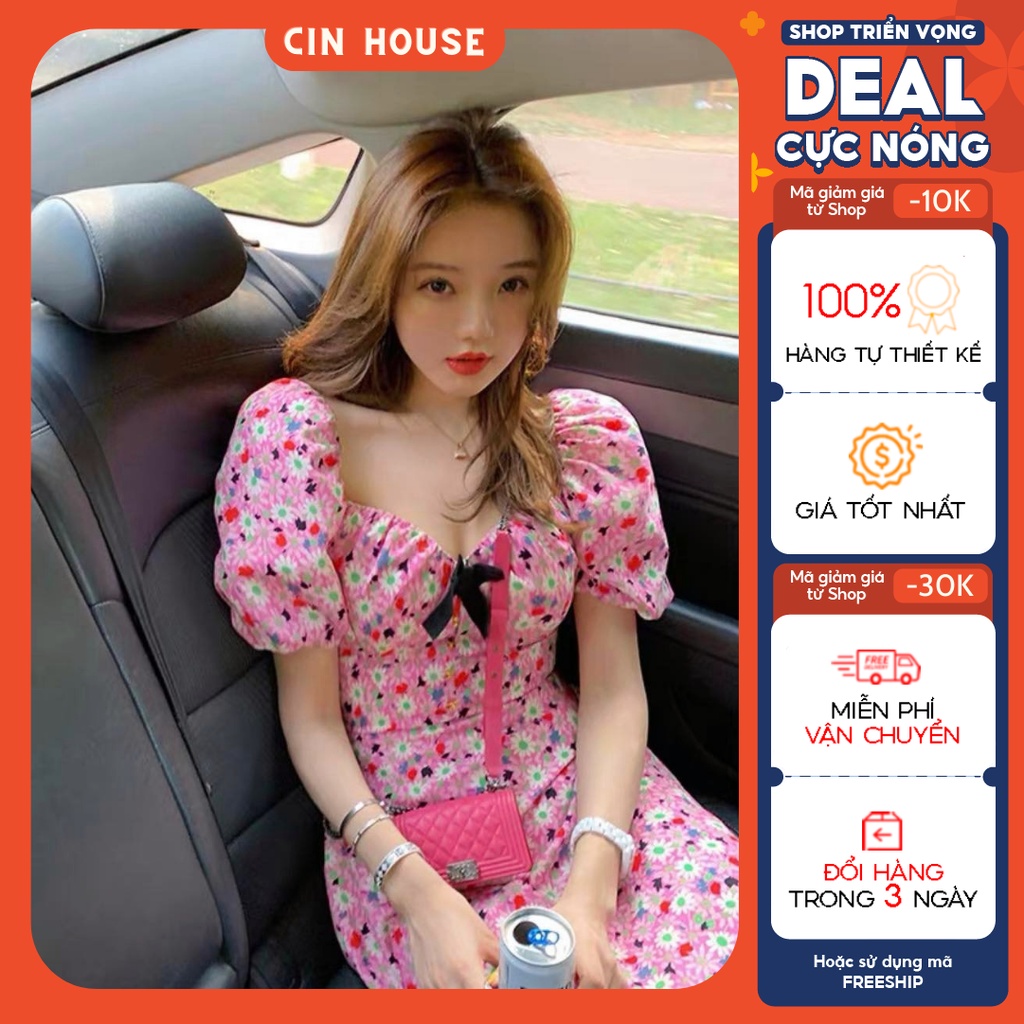 Đầm hoa nhí đính nơ ngực trẻ trung DD63 CIN HOUSE