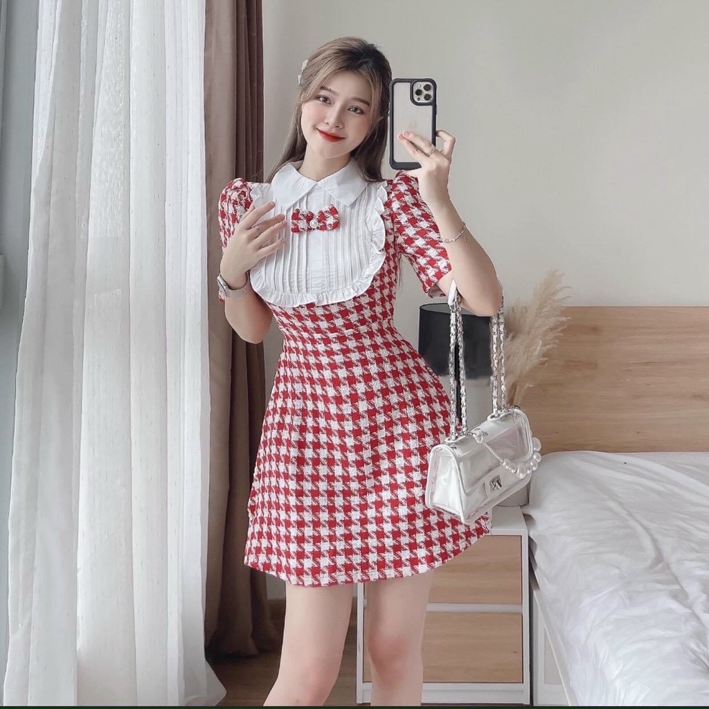 Váy đầm nữ thanh lịch trẻ trung dạ kim cương kẻ karo phối lụa trắng xếp ly trước ngực họa tiết đính nơ xinh sắn dự tiệc