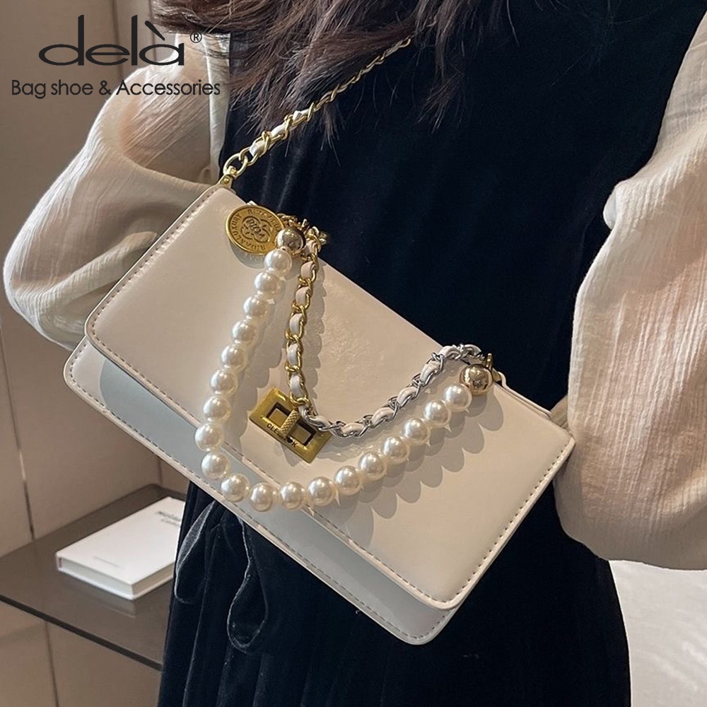 Dela Túi Xách Đeo Vai Hình Vuông Cỡ Nhỏ Đính Ngọc Trai Phối Dây Đeo Sợi Xích Thời Trang Xuân Hè 2023 Mới Cho Nữ