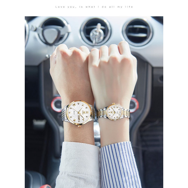 Đồng hồ đôi nam nữ cao cấp Olevs máy cơ, dây đeo kim loại bằng thép, chống nước 30m,bảo hành toàn quốc 12 tháng