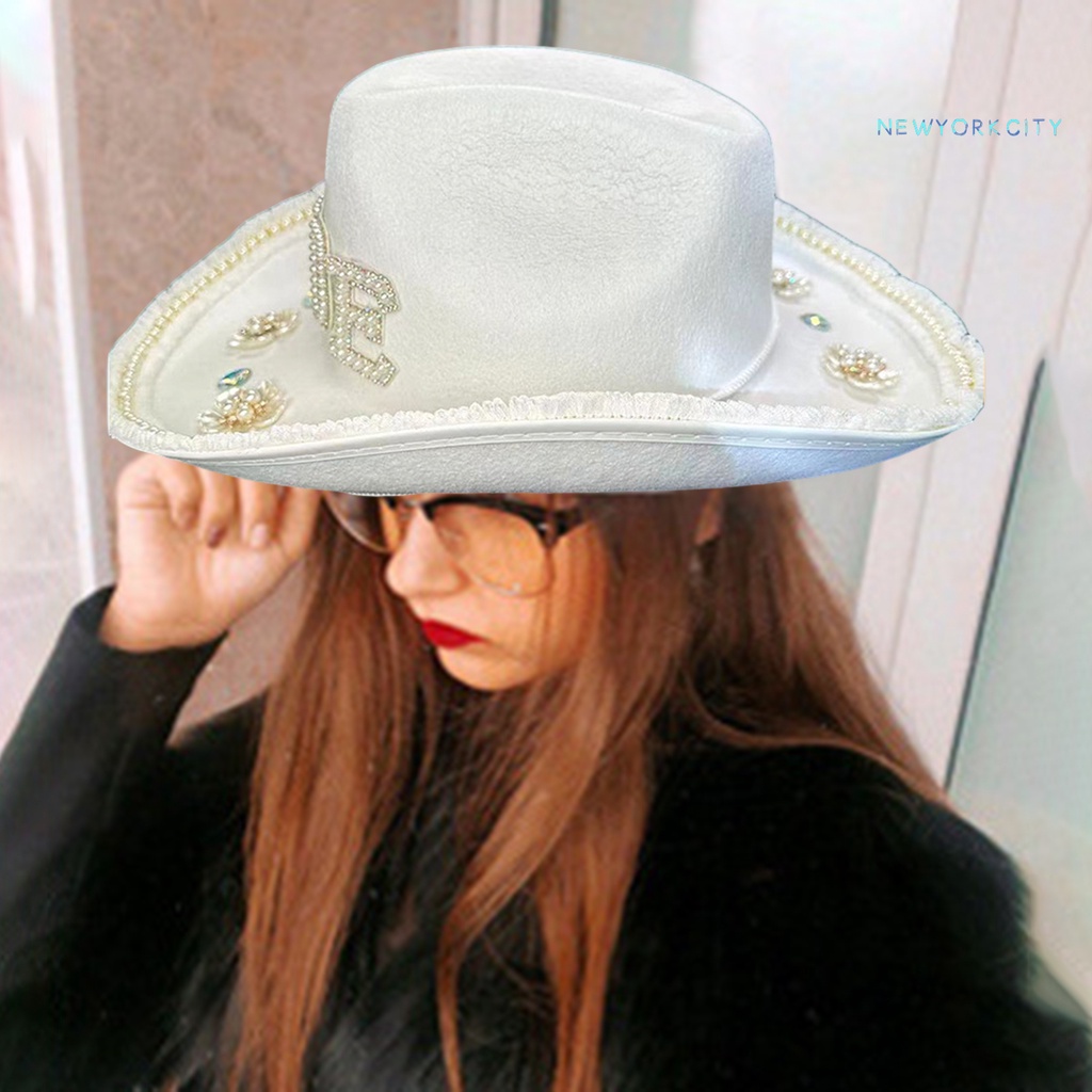 Mũ Cao Bồi Đính Hoa Ngọc Trai Giả Thanh Lịch Phong Cách Phương Tây Cho Cô Dâu