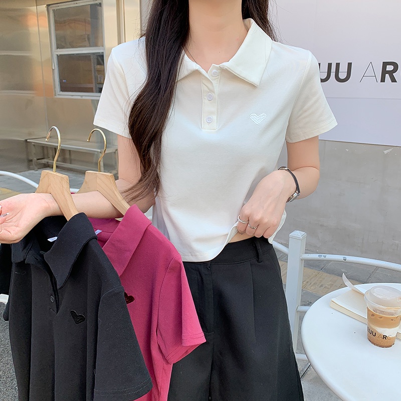 Áo polo Tay Ngắn Dáng Rộng Thêu Hình Trái Tim Thời Trang Mùa Hè Mới Cho Nữ