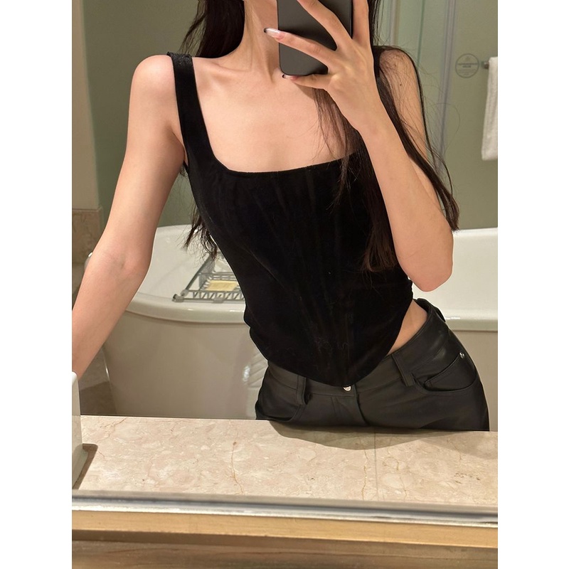 Hot Girl Áo Hai Dây Ôm Dáng Vừa Vặn Bằng Nhung Thiết Kế Xương Cá Màu Trơn Phong Cách Mới Xuân Thu Cho Nữ