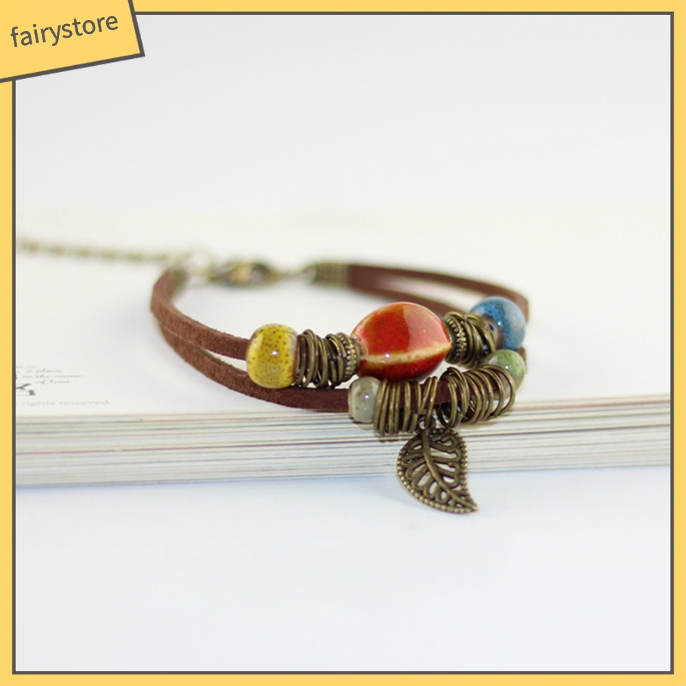 Vòng Tay Da Giả Hai Lớp Đính Hạt Và Lá Sứ Phong Cách Bohemian Fairy1 [Fairy1] Cho Nữ