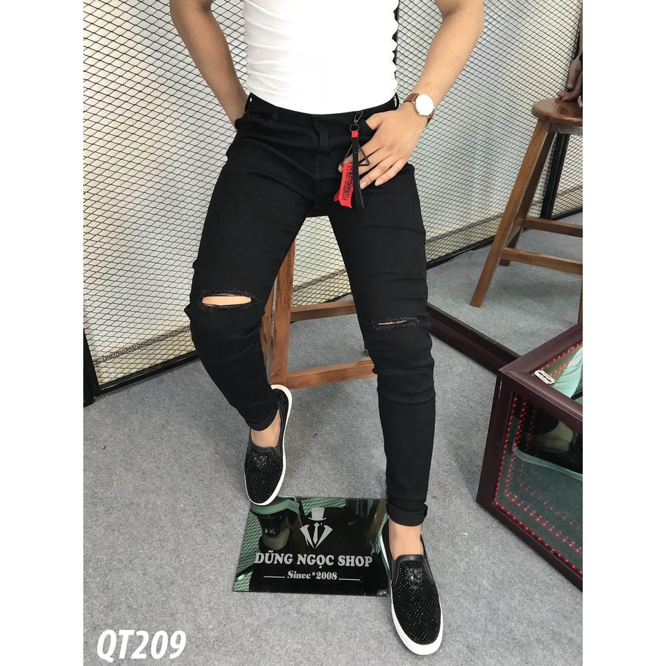 Quần jean dài nam màu đen rách gối chất dày dặn co giãn thoải mái form skinny cao cấp 303