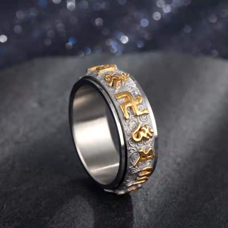 Nhẫn Phật giáo xoay được | Nhẫn titan khắc chữ Mantra cá tính độc đáo | Nhẫn mạ vàng nhiều màu sắc độc đáo | Trang sức bằng thép không gỉ