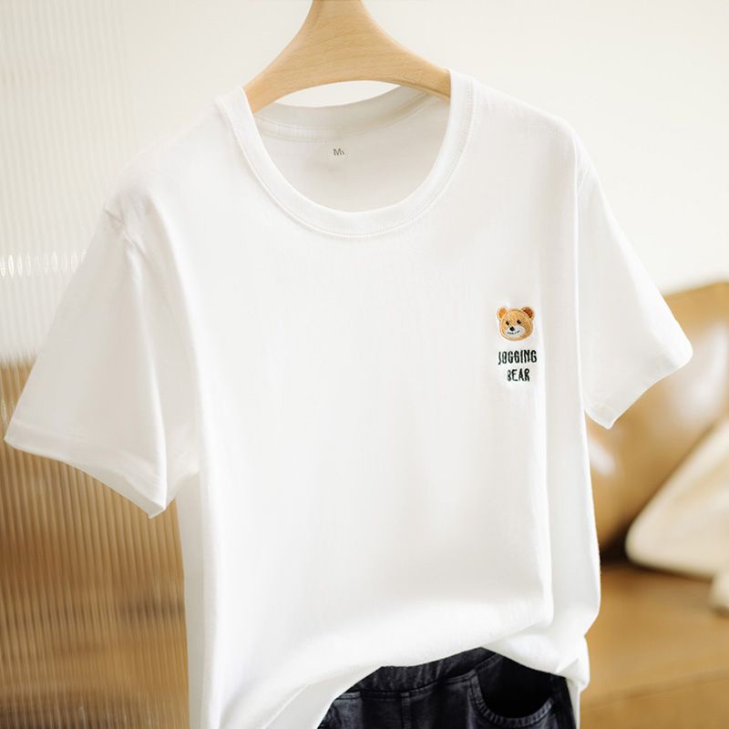 Áo Thun Cotton Ngắn Tay Thêu Hình Gấu Cổ Điển Thời Trang Mùa Hè 2023 Phong Cách Mới Cho Nữ