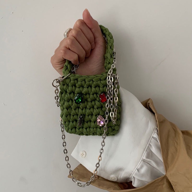 MISCHA Túi Đeo Chéo mini Màu Trơn Đính Đá Thời Trang Hàn Quốc