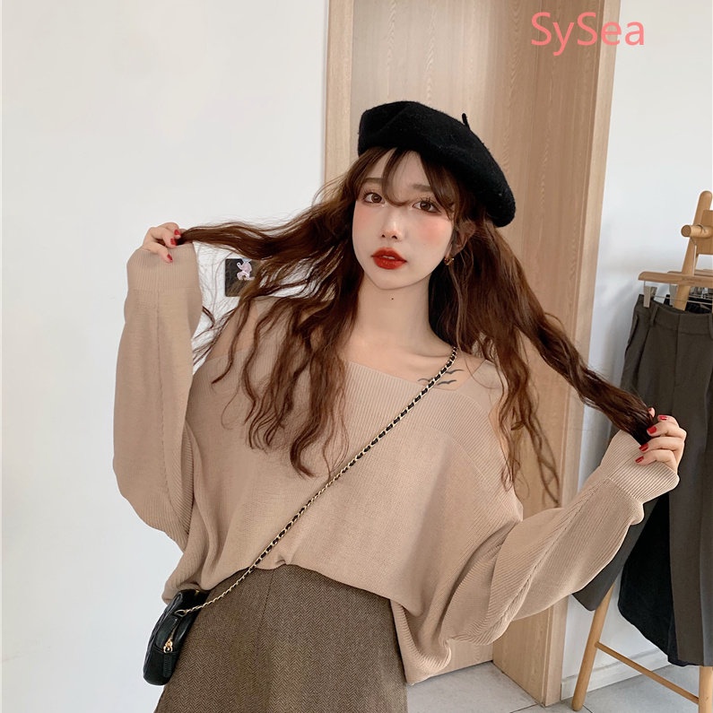 Áo Dệt Kim Tay Dài Dáng Rộng Trễ Vai Thời Trang Mùa Xuân Dành Cho Nữ