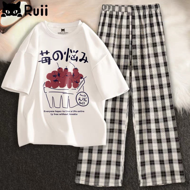 Sét áo phông trắng In nhiều hình + quần kẻ karo đen trắng,  Áo thun from rộng, Chất đẹp không xù, Sét bộ mặc ở nhà -MODY