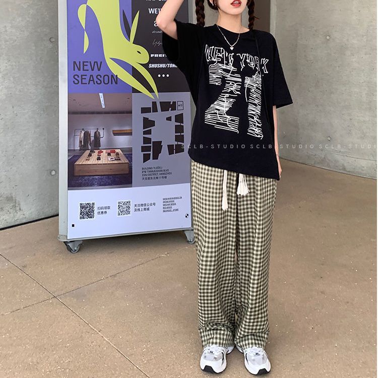 Quần dài COZOKC lưng cao họa tiết sọc caro thời trang