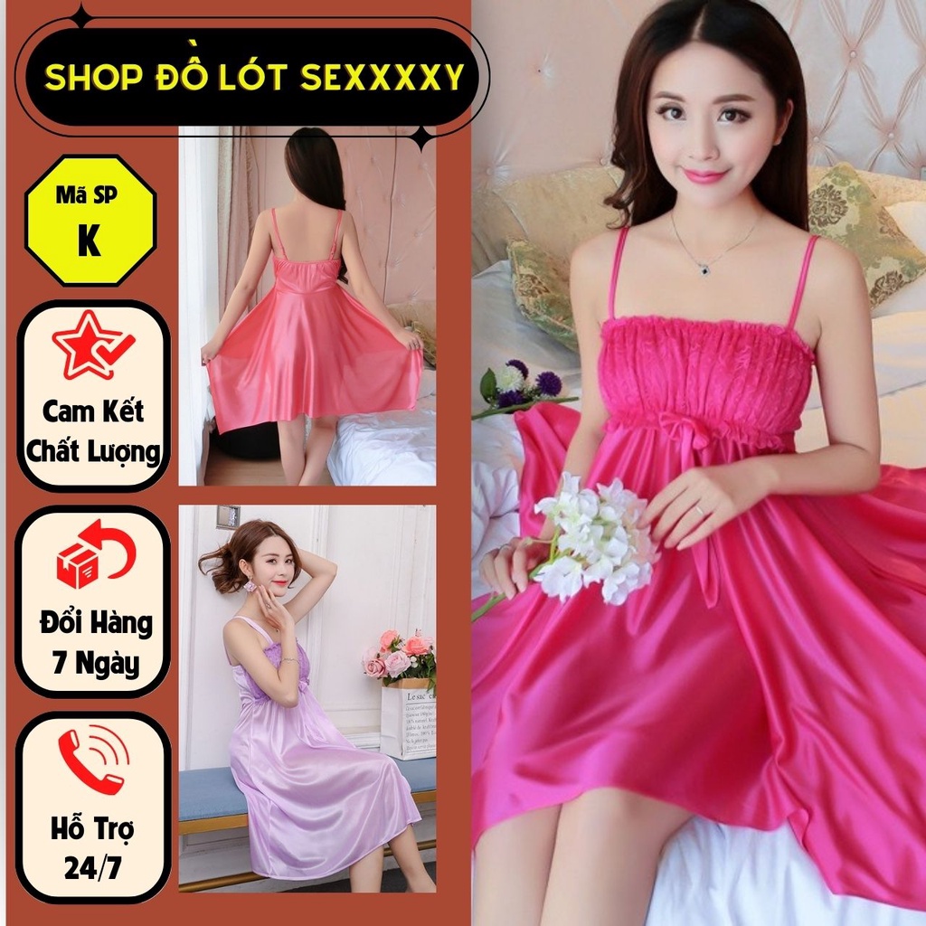 Váy ngủ lụa 2 dây ôm ngực, chân váy xòe dễ thương