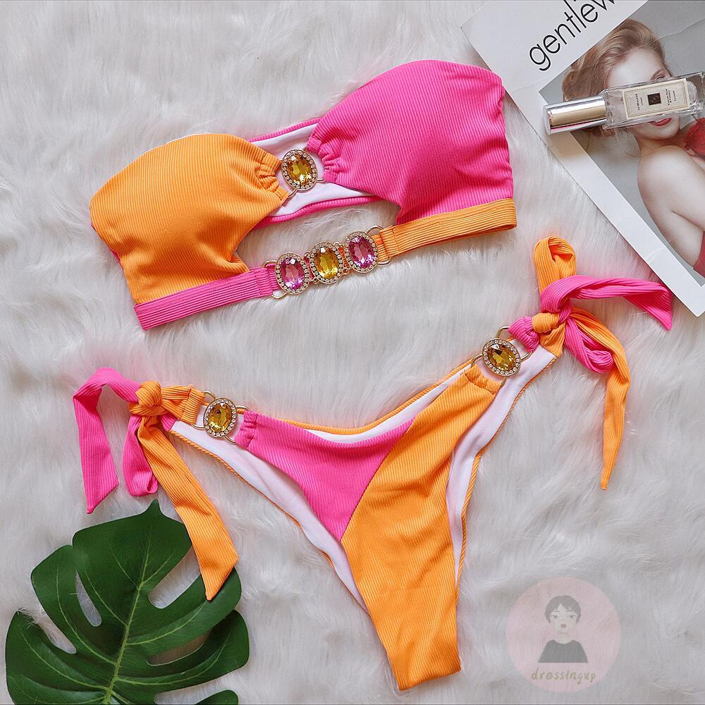 Bộ Đồ Bơi Không Dây Đính Đá Màu Sắc Tương Phản Cho Nữ