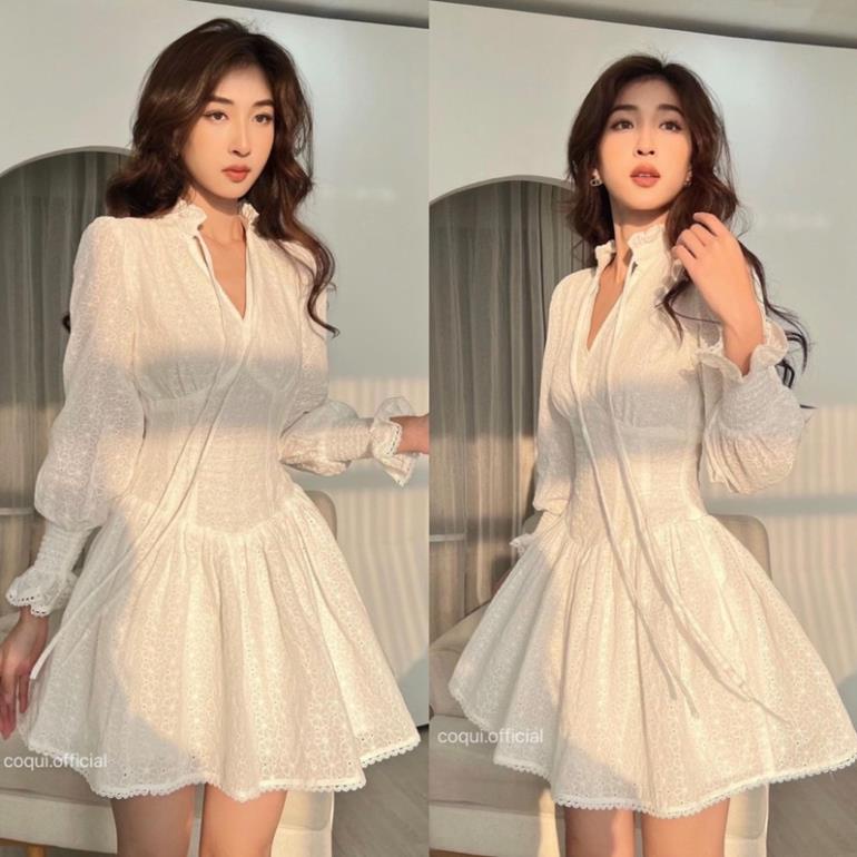 Váy Thô Ren Trắng Cổ V Tay Chun Tiểu Thư Siêu Xinh Hàng 2 Lớp Samiboutique