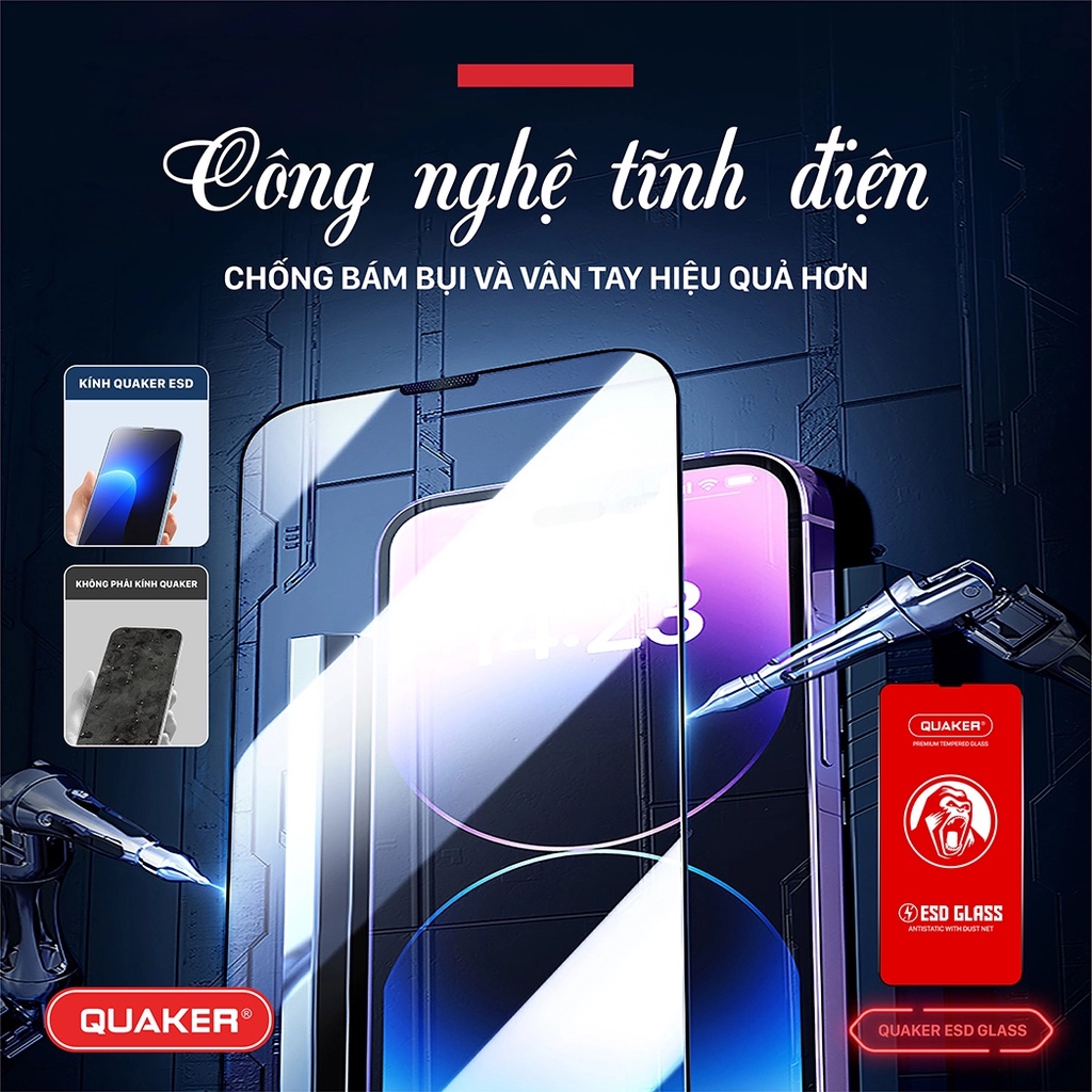 Kính cường lực iphone full màn Quaker ASD 7 8 PLUS X XS XSM 11 12 13 14 PROMAX
