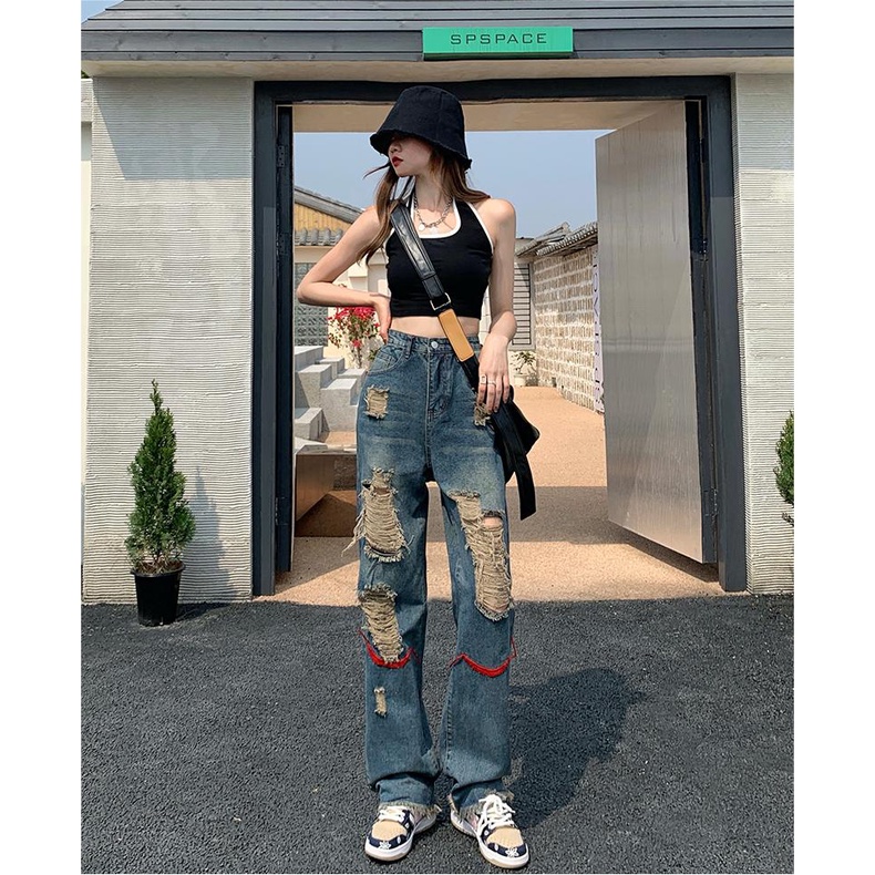 TINGYAXIU Thời trang cao eo nữ quần thủng lỗ quần ăn xin quần