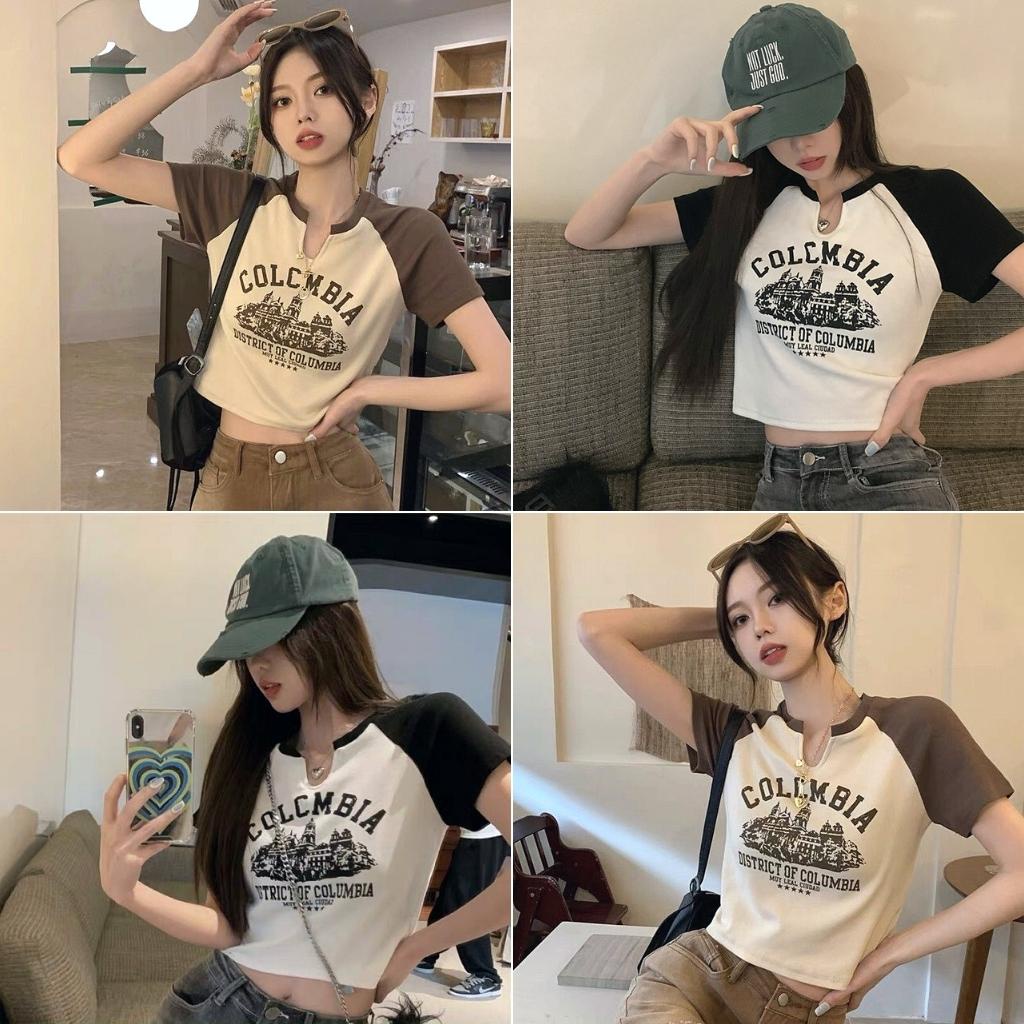 Áo Croptop Ôm Body Nữ COLOMBIA Tay Ngắn Cổ Xẻ V, Áo Thun Croptop Kiểu Sexy In Họa Tiết GUVIA CR59