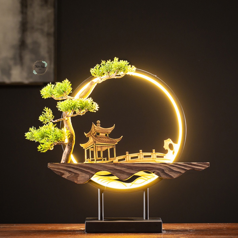 Khung đèn led hào quang kết hợp kệ gỗ đặt tượng, Khung led kèm cây nhựa kiểu bonsai Tặng kèm 10 nụ trầm hương Ấn Độ