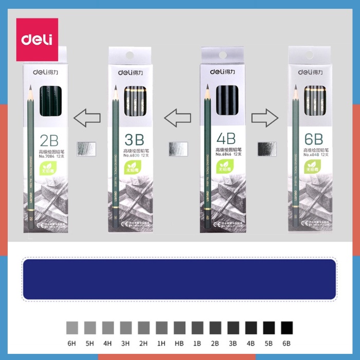 Bút chì cao cấp 2B- 6B Deli - 12 cây/hộp, nét đậm không gãy- 7084/6836/6846/6848