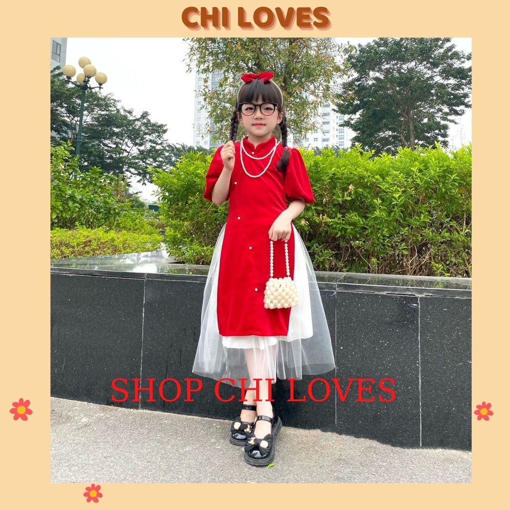 Áo dài cho bé gái từ 8-32kg CHI LOVES. Áo dài cách tân cho bé gái 1 2 3 4 5 6 7 8 tuổi chất nhung đỏ mềm Ct7