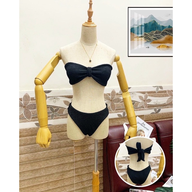Bikini hai mảnh cao cấp cúp nơ màu xanh và đen