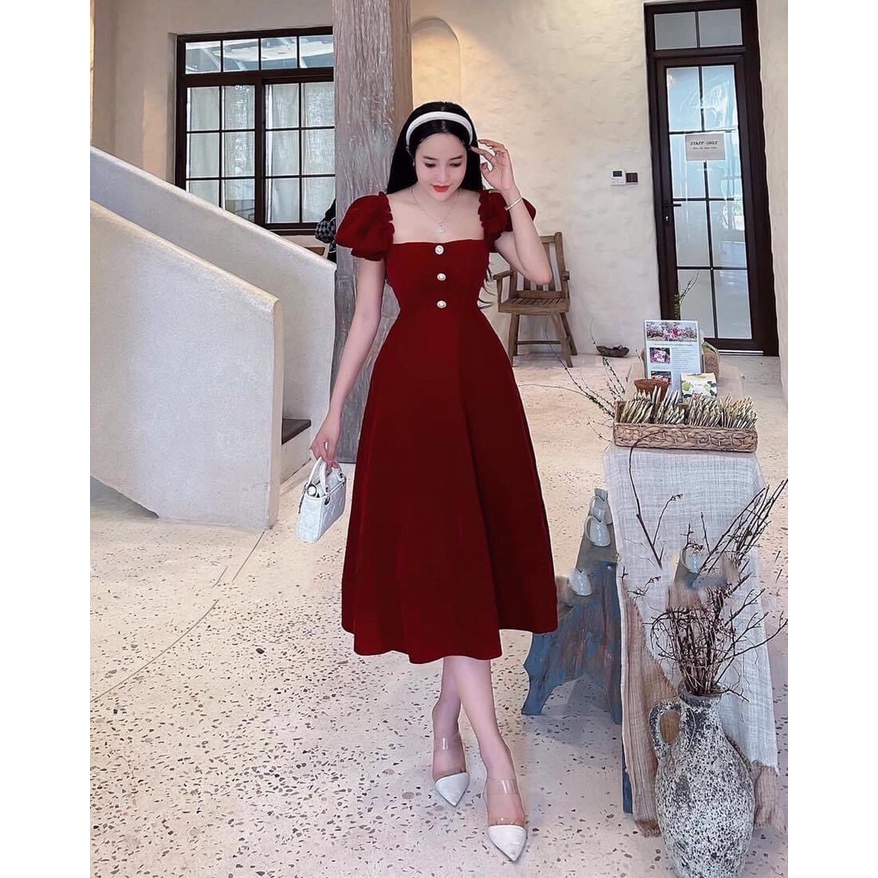 đầm tapa bóng đính nút suông nhẹ cổ vuông ngắn tay